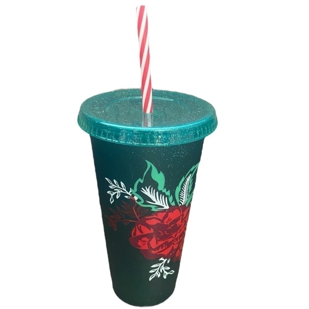 Starbucks Christmas green plastic tumbler with candy cane striped straw 24 oz